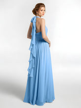 Halter Chiffon Dresses with Cascade Skirt-Blue