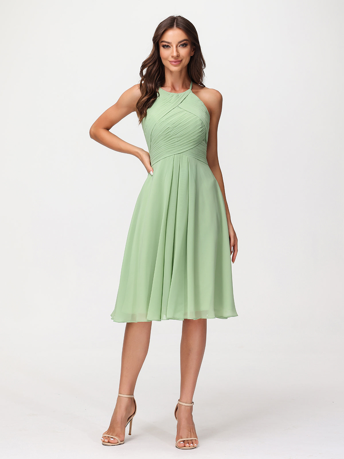 BABARONI Chiffon Dusty Sage Bridesmaid Dresses Halter Knee-length Sleeveless Pleated Pocket A-line, Dusty Sage / US18