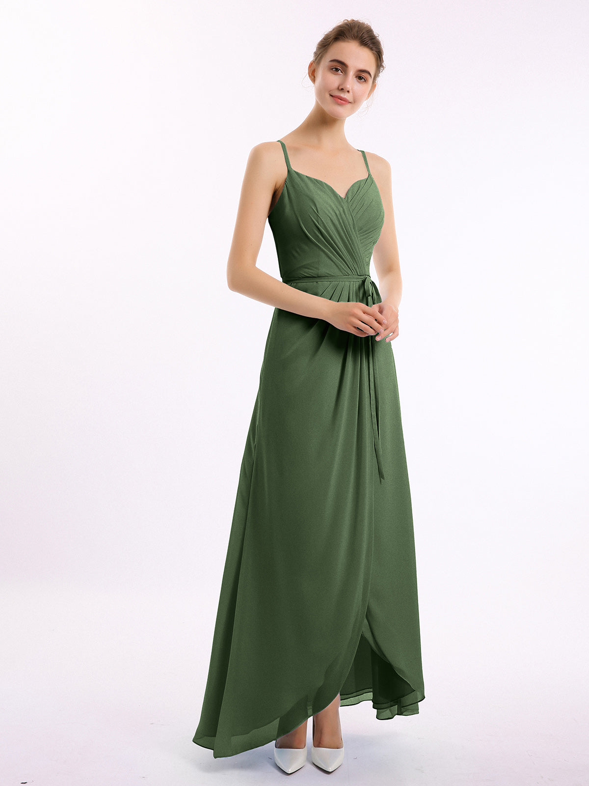 Spaghetti Straps Chiffon Dress with V Neck & Sash Bow Lime Green