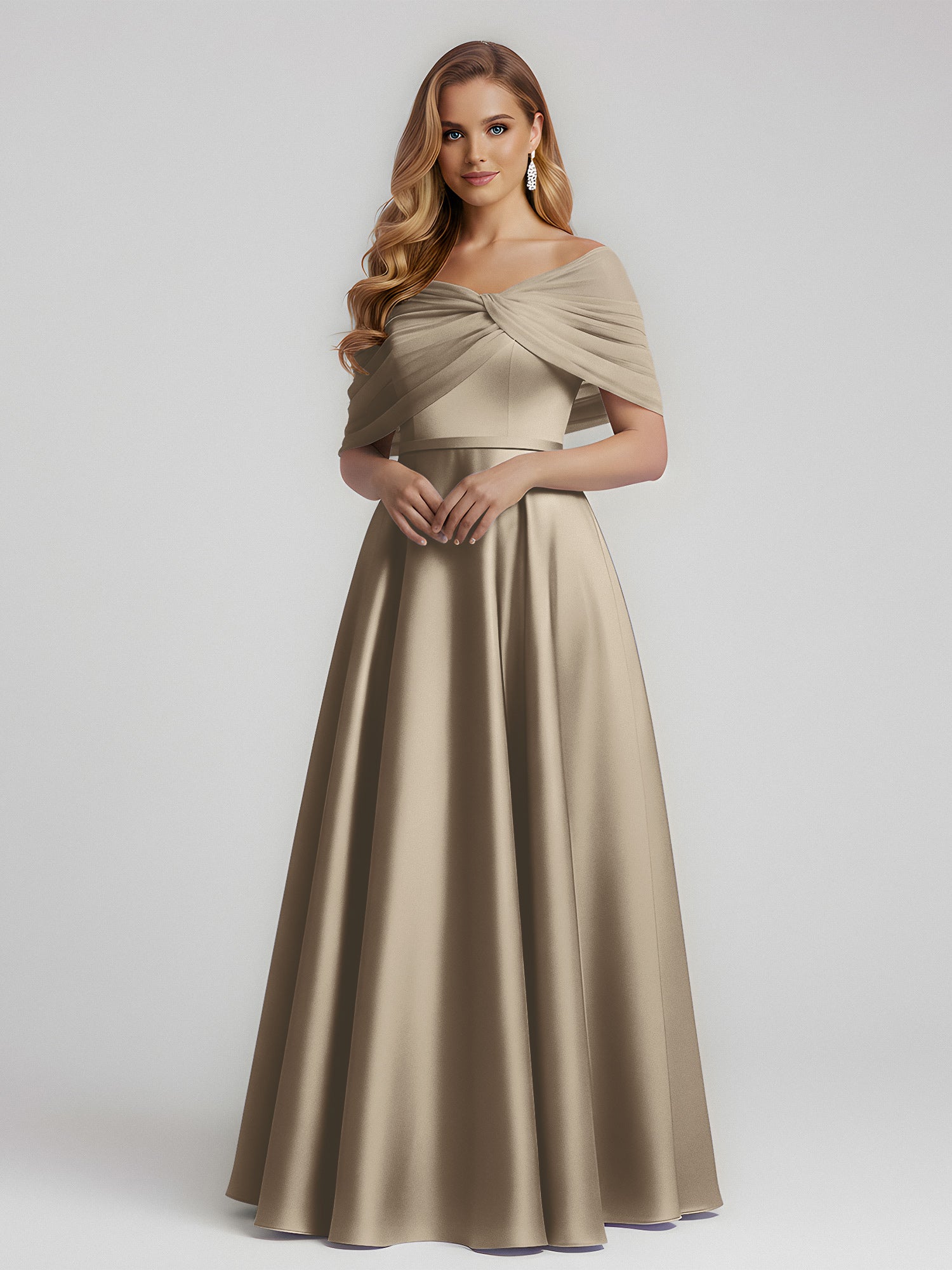 BABARONI Taupe Satin A-Line Bridesmaid Dress Floor Length with Sheer Shawl Elegant Formal Wedding Guest Gown