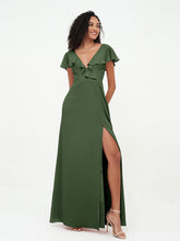 A-line V-neck Chiffon Dresses with Pockets-Olive Green