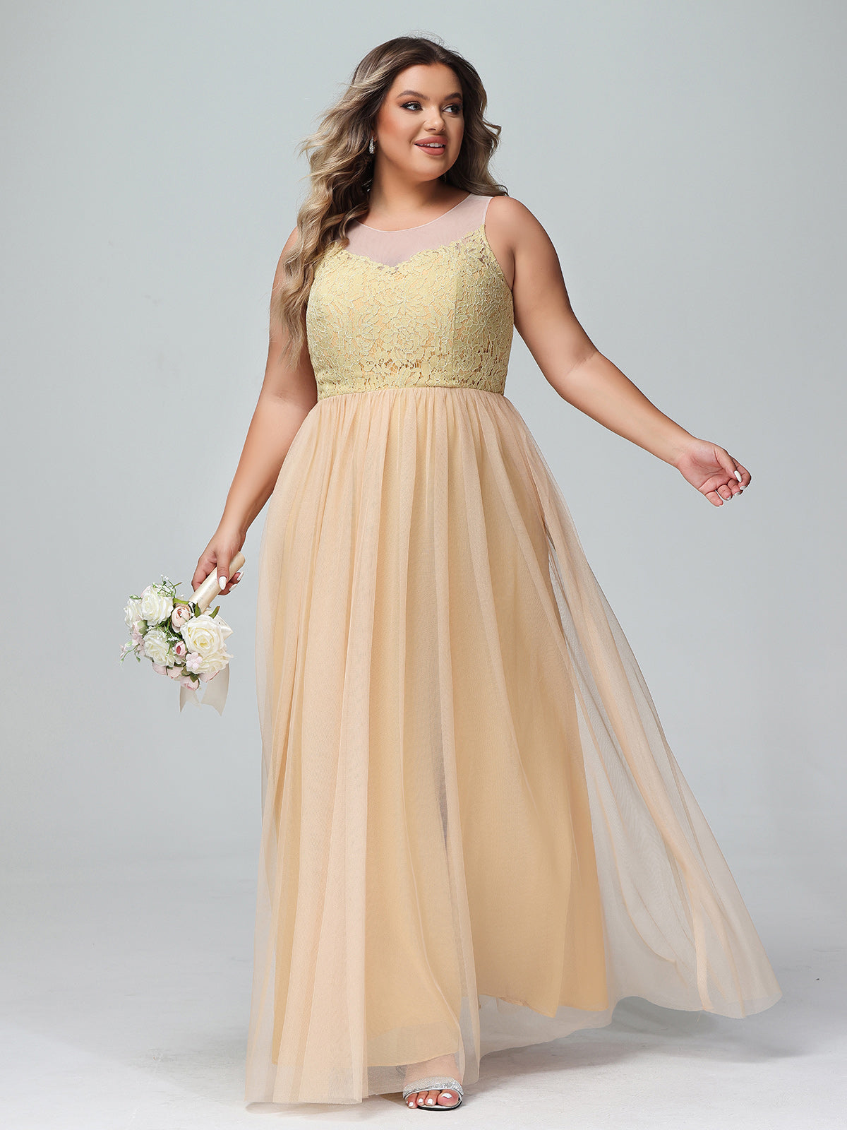 BABARONI Plus Size 2025 Illusion Neckline Lace and Tulle Maxi Dress-Gold BABARONI Plus Size 2025 Illusion Neckline Lace and Tulle Maxi Dress-Gold