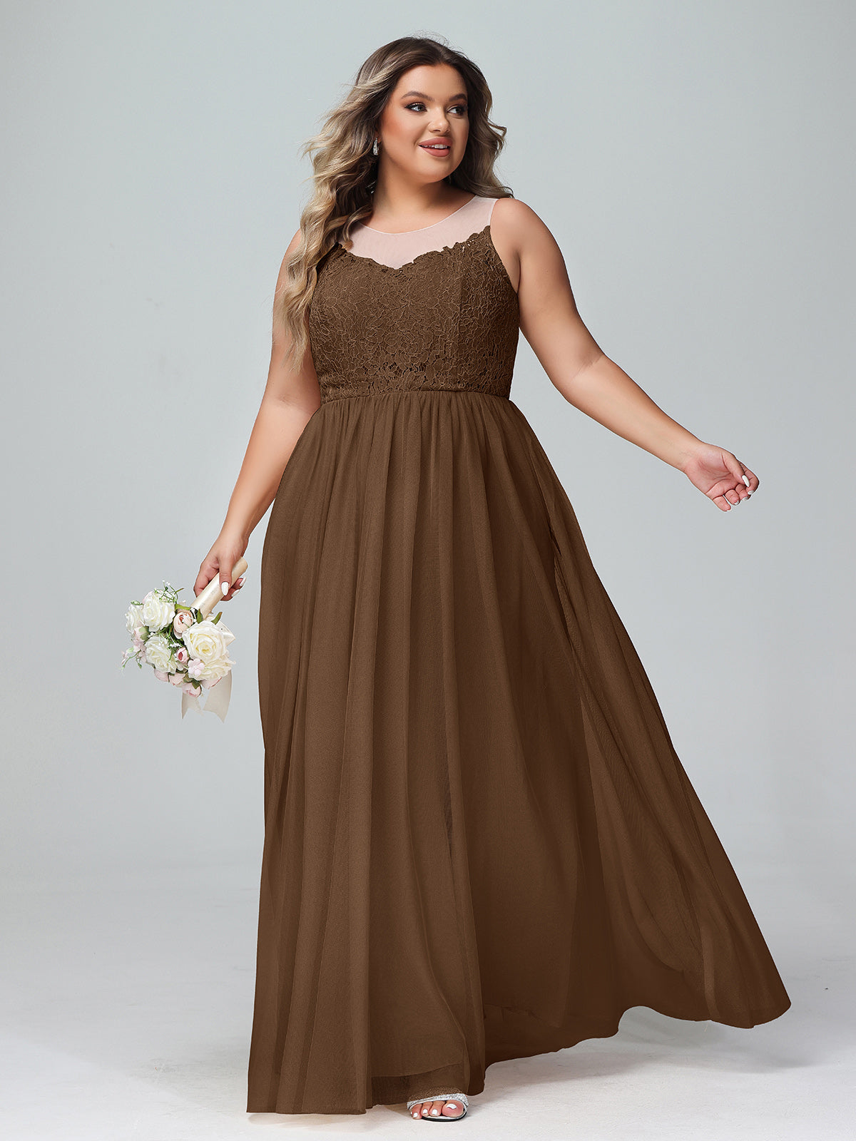 BABARONI Illusion Neckline Lace and Tulle Maxi Dress-Chocolate Plus Size, Chocolate / US18