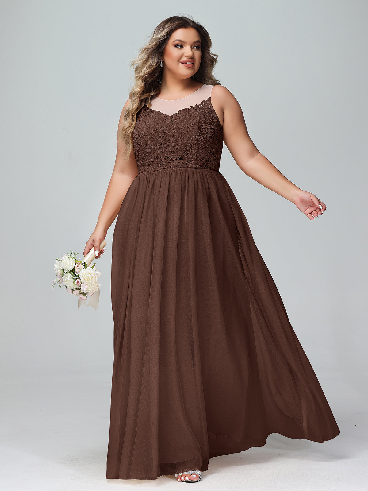 BABARONI Lace Chocolate Bridesmaid Dresses Illusion Floor-length Lace-up Sleeveless Appliqued A-line BABARONI Lace Chocolate Bridesmaid Dresses Illusion Floor-length Lace-up Sleeveless Appliqued A-line
