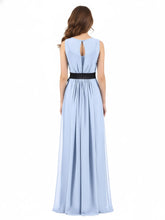FAUX-Wrap Chiffon Dress with Black Waistband-Sky Blue