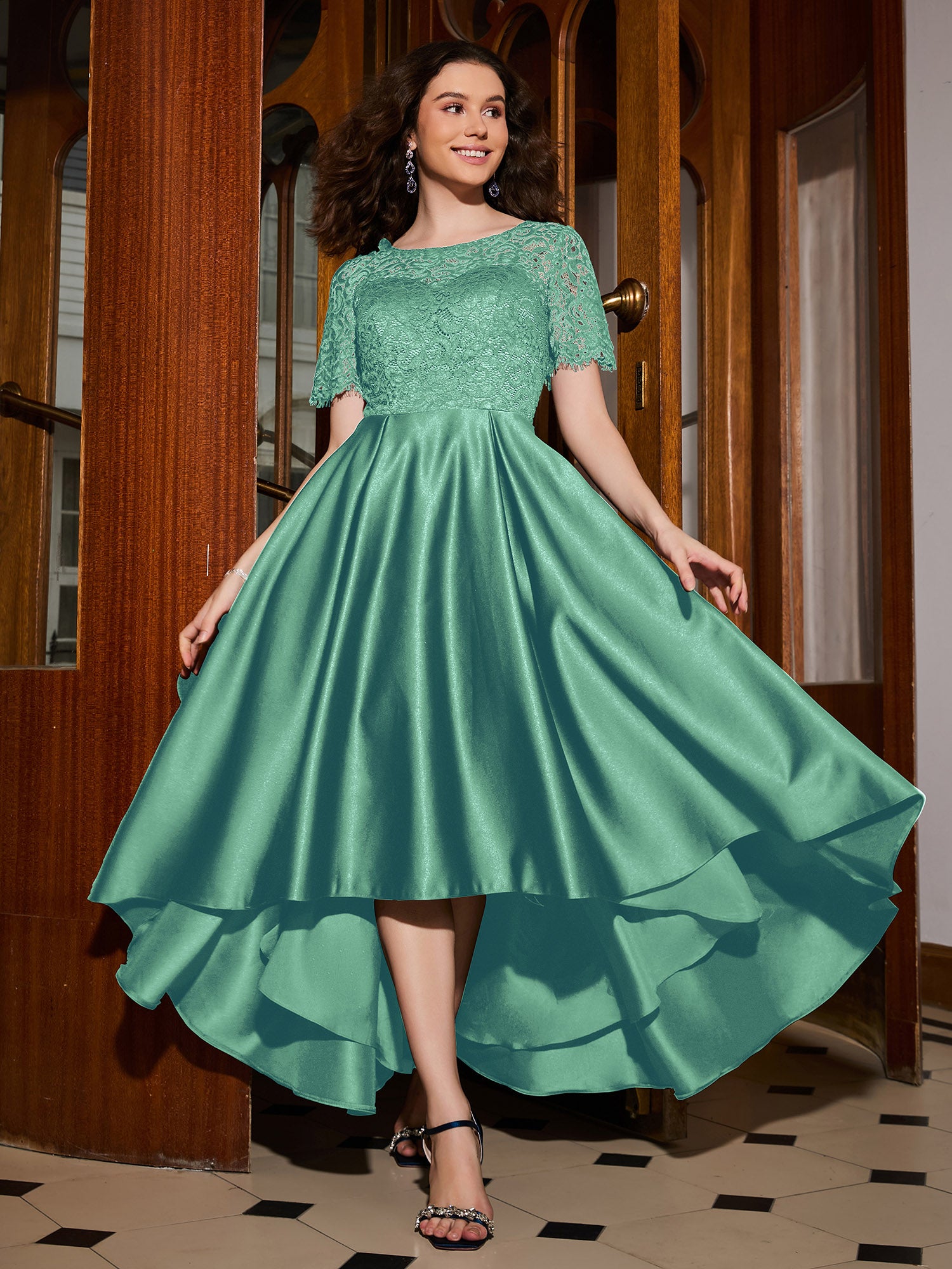 Lace Trim Asymmetric Pleated A-Line Midi Dresses