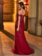 Off-the-shoulder Sequins Prom Dress with Slit Burgundy