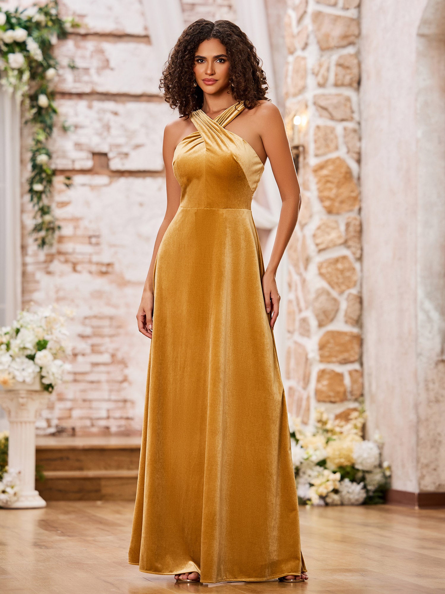 BABARONI Velvet Grecian Neck Sleeveless Long Bridesmaid Gowns Gold, Gold / US0