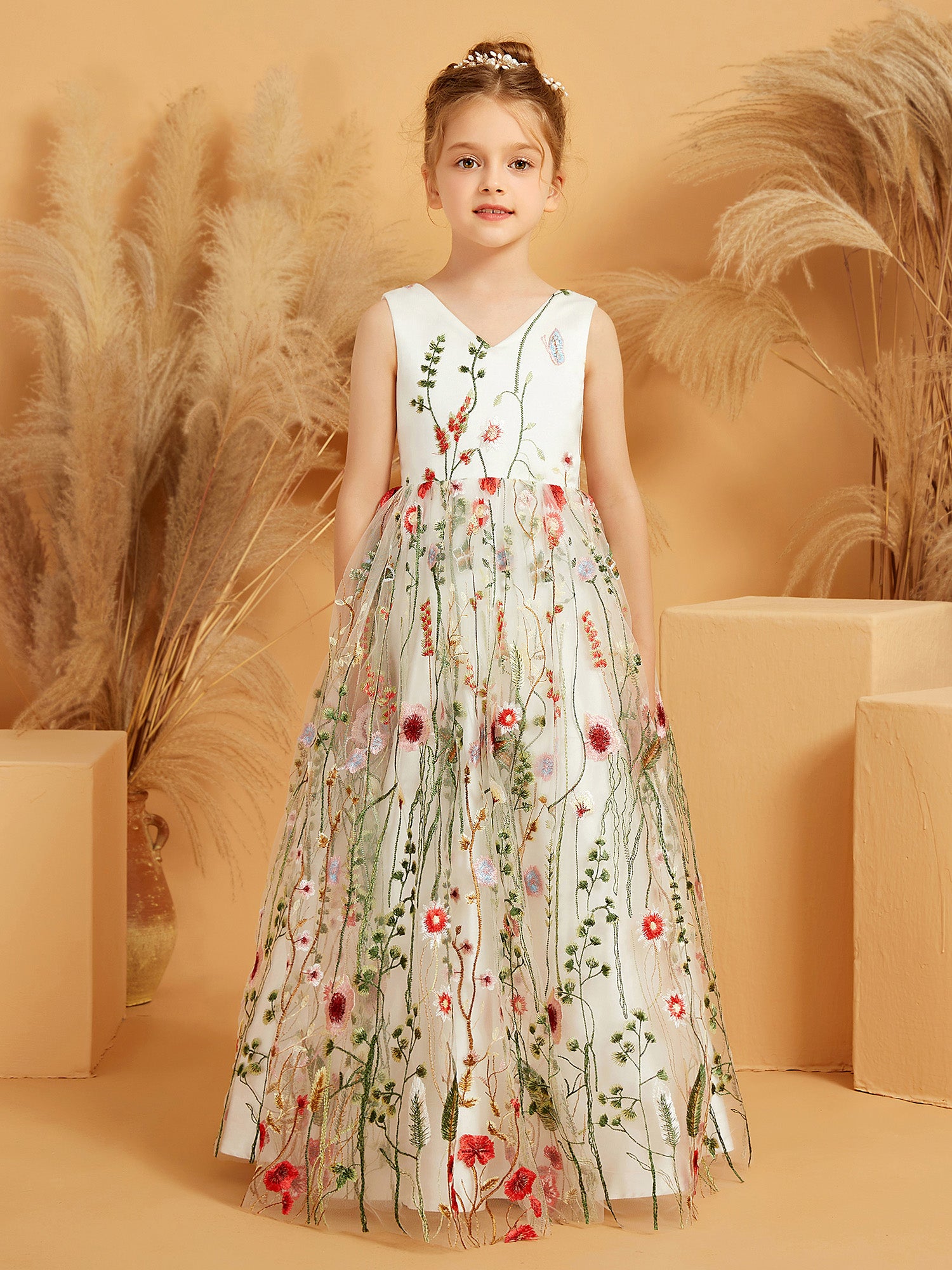 Red Embroidery Knee-Length Flower Girl Dress – Angrila