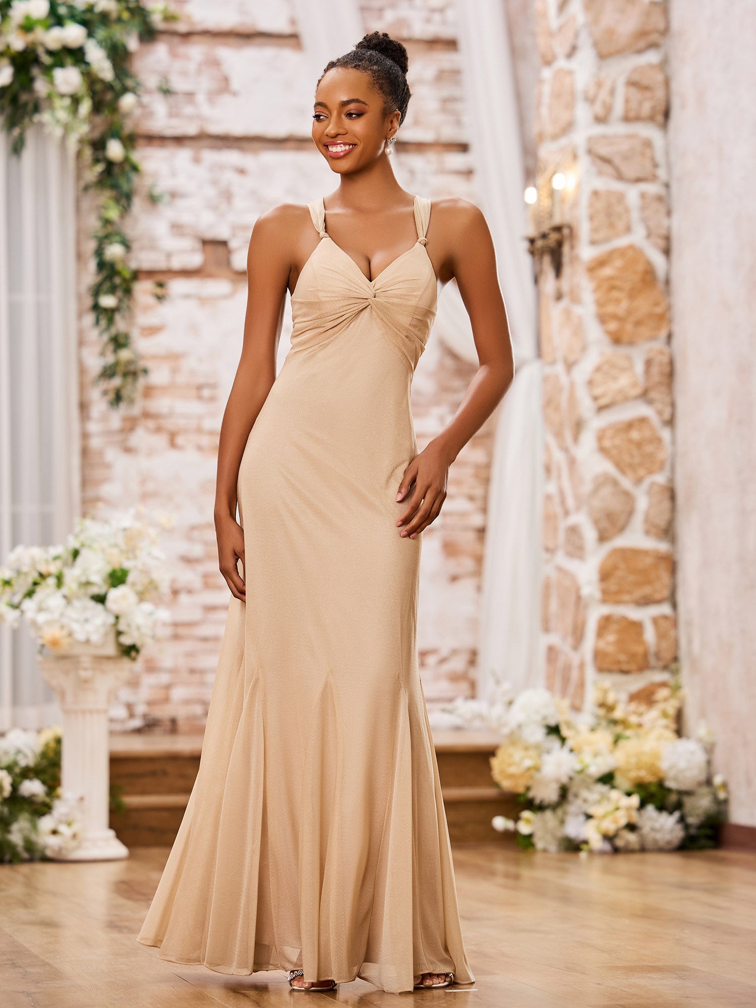 flutter sleeve crisscross mesh bridesmaid dress BABARONI V-Neck Slim Ruched Floor-Length Bridesmaid Dresses Champagne, Champagne / US0