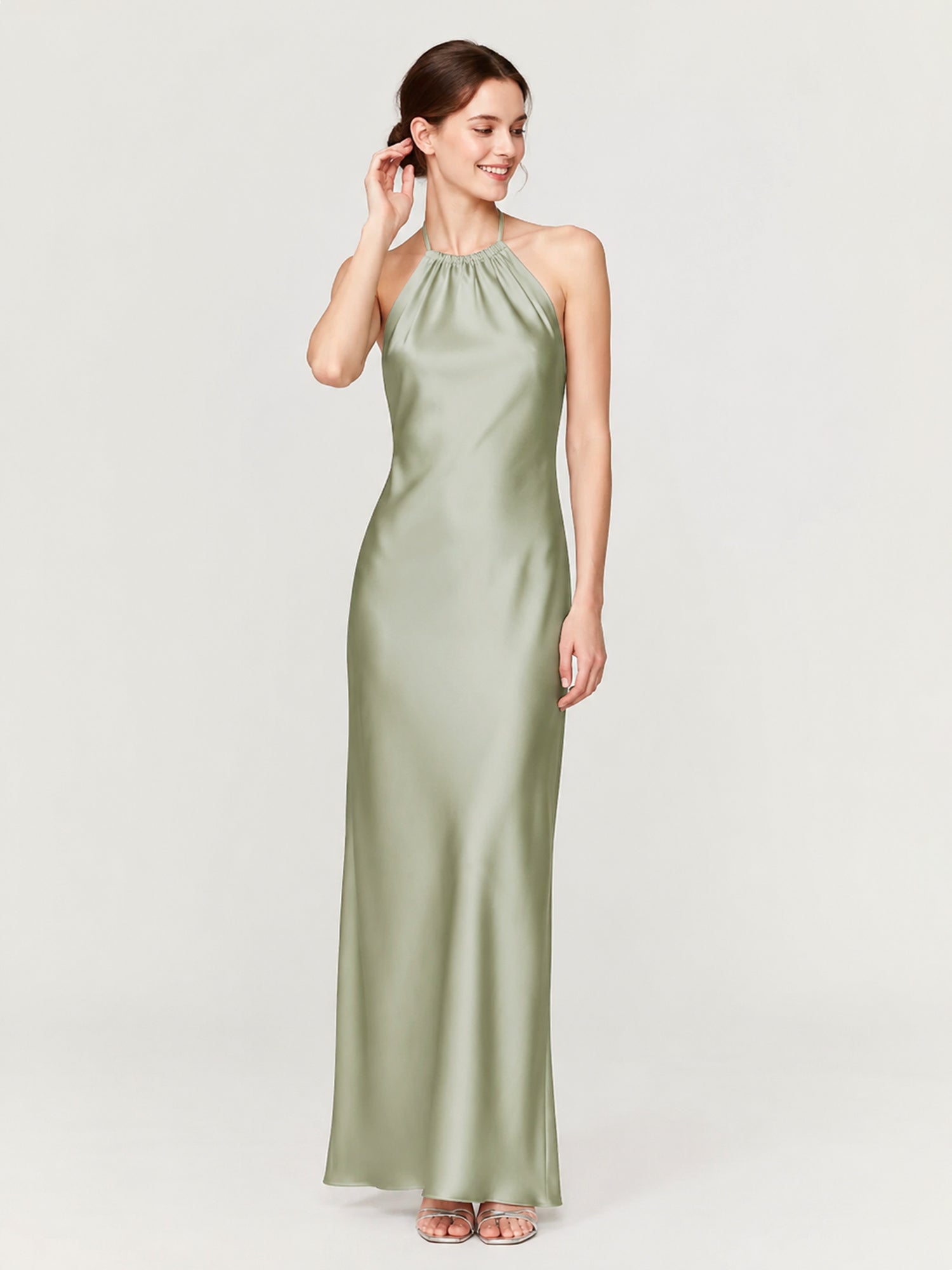 Acetate Satin Dusty Sage Bridesmaid Dress Halter Sheath/Column Ruched, Dusty Sage / US0