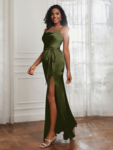 Square Sheath Floor-length Dress With Belt Olive Green