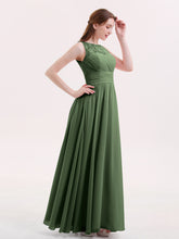 Illusion Neck Chiffon and Lace Long Dresses-Olive Green
