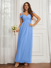 Cap Sleeve Tulle Ruched Floor-length Dress Blue