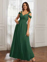 Cap Sleeve Tulle Ruched Floor-length Dress Dark Green