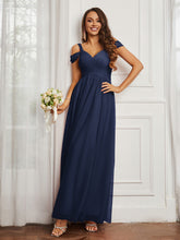 Cap Sleeve Tulle Ruched Floor-length Dress Dark Navy