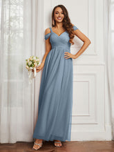 Cap Sleeve Tulle Ruched Floor-length Dress Dusty Blue