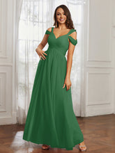 Cap Sleeve Tulle Ruched Floor-length Dress Emerald