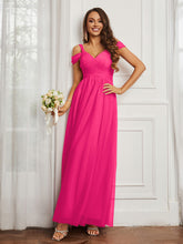 Cap Sleeve Tulle Ruched Floor-length Dress Fuchsia