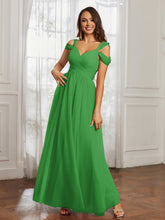 Cap Sleeve Tulle Ruched Floor-length Dress Green