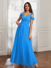 Cap Sleeve Tulle Ruched Floor-length Dress Ocean Blue