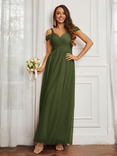 Cap Sleeve Tulle Ruched Floor-length Dress Olive Green