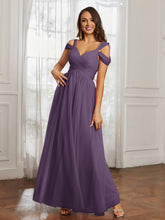 Cap Sleeve Tulle Ruched Floor-length Dress Plum