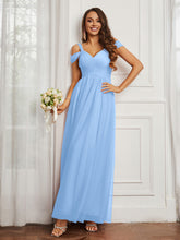 Cap Sleeve Tulle Ruched Floor-length Dress Sky Blue