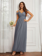 Cap Sleeve Tulle Ruched Floor-length Dress Steel Grey
