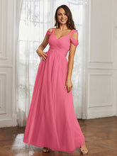 Cap Sleeve Tulle Ruched Floor-length Dress Watermelon