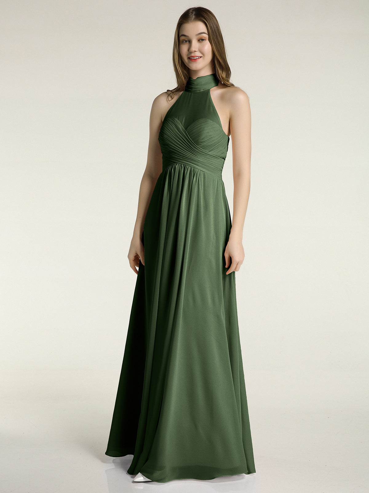 BABARONI Illison High Neck Cross Bust Chiffon Dresses-Olive Green Plus size, Olive Green / US18