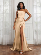 One Shoulder Ruched Sleeveless Dress With Slit Champagne