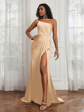 One Shoulder Ruched Sleeveless Dress With Slit Champagne Plus Size