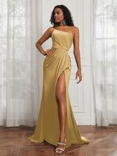 One Shoulder Ruched Sleeveless Dress With Slit Gold