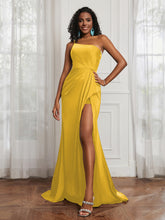 One Shoulder Ruched Sleeveless Dress With Slit Marigold