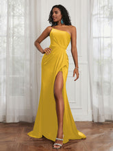 One Shoulder Ruched Sleeveless Dress With Slit Marigold