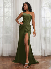 One Shoulder Ruched Sleeveless Dress With Slit Olive Green