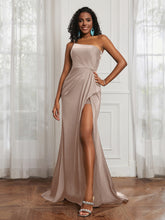 One Shoulder Ruched Sleeveless Dress With Slit Taupe Plus Size