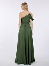 One Shoulder Chiffon Long Bridesmaid Gowns-Olive Green