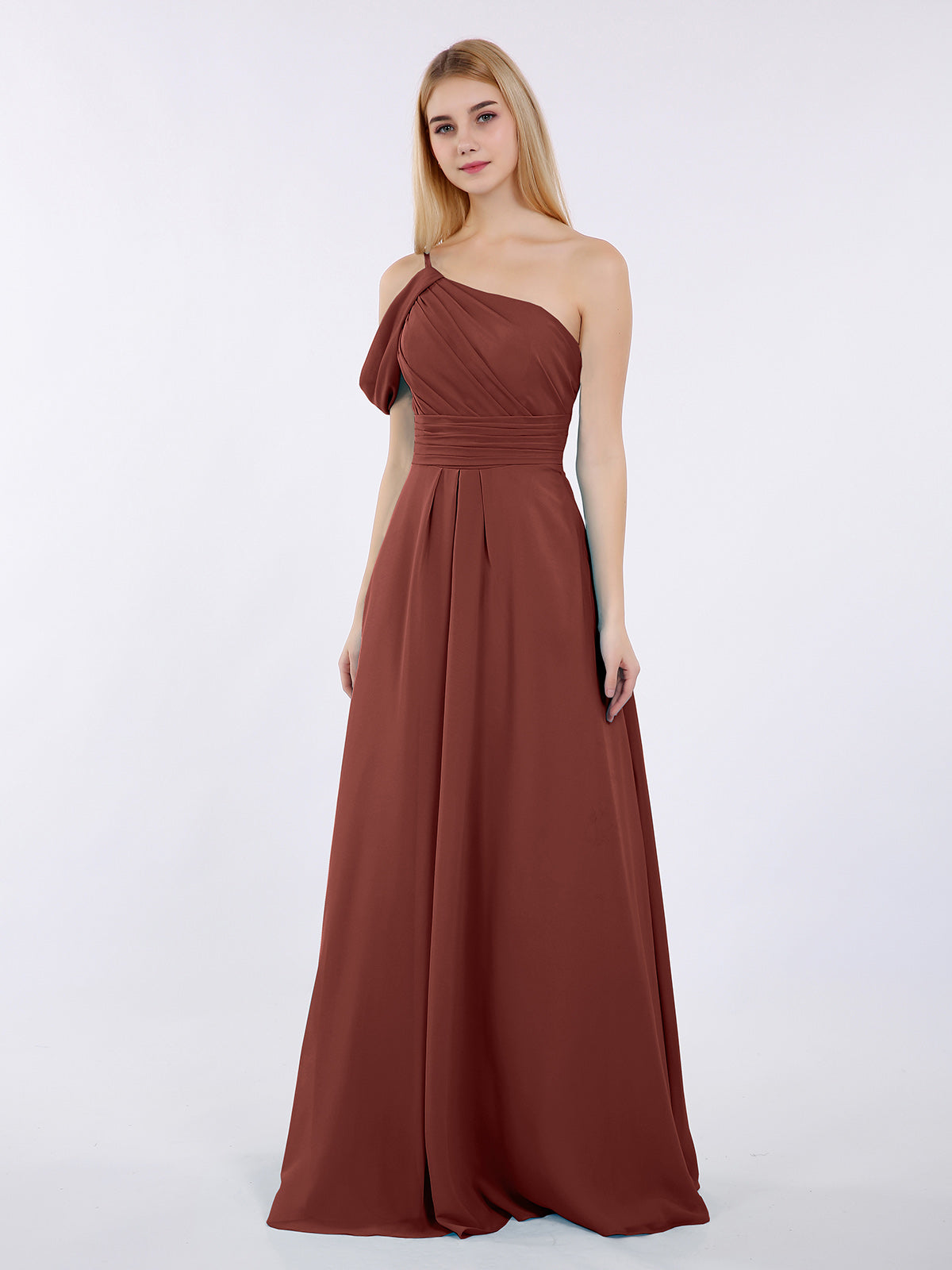 BABARONI One Shoulder Chiffon Long Bridesmaid Gowns-Terracotta Plus Size, Terracotta / US18