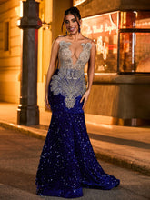 Ornate Handcrafted Rhinestone Mermaid Evening Dress Royal Blue