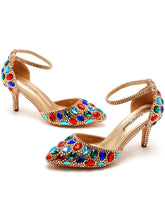 Colorful Rhinestone Pointed Toe Stiletto Ankle-strap High Heels
