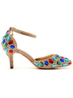 Colorful Rhinestone Pointed Toe Stiletto Ankle-strap High Heels