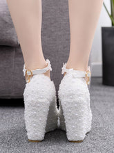 Round Toe Lace Flower Ankle Strap Wedge Heel Wedding Shoes