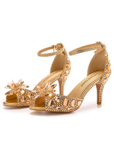 Crystal Rhinestone Decor Peep Toe Stiletto Ankle Strap High Heels