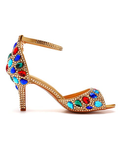 Colorful Rhinestone Decor Gold Peep Toe Stiletto Ankle-strap High Heels Sandals
