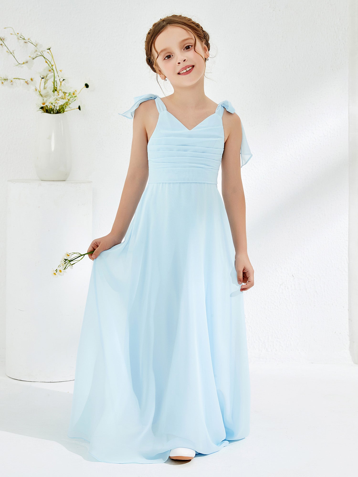 BABARONI Chiffon Sky Blue Junior Bridesmaid Dresses A-line V-neck