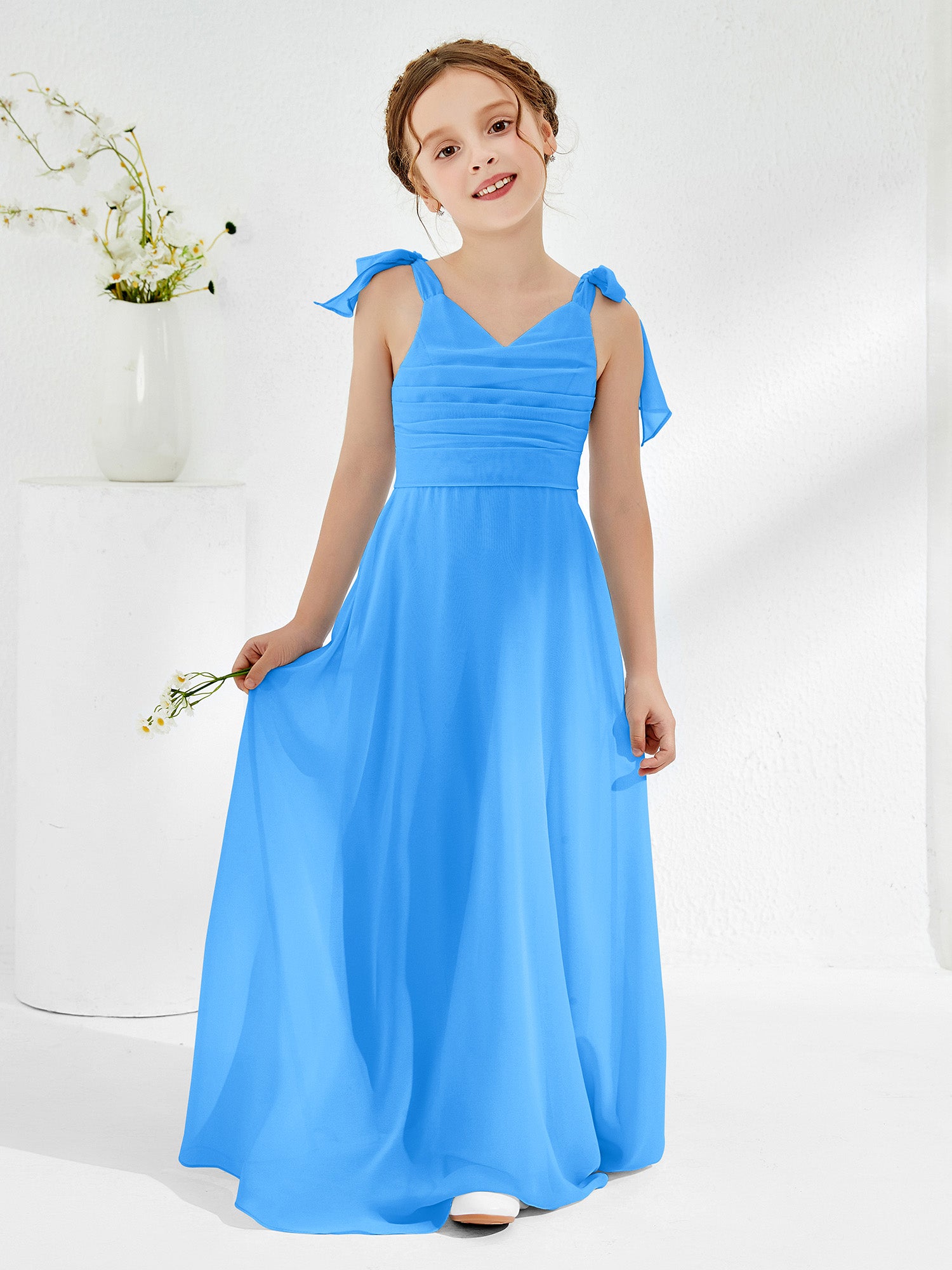 BABARONI Chiffon Ocean Blue Junior Bridesmaid Dresses A-line V-neck