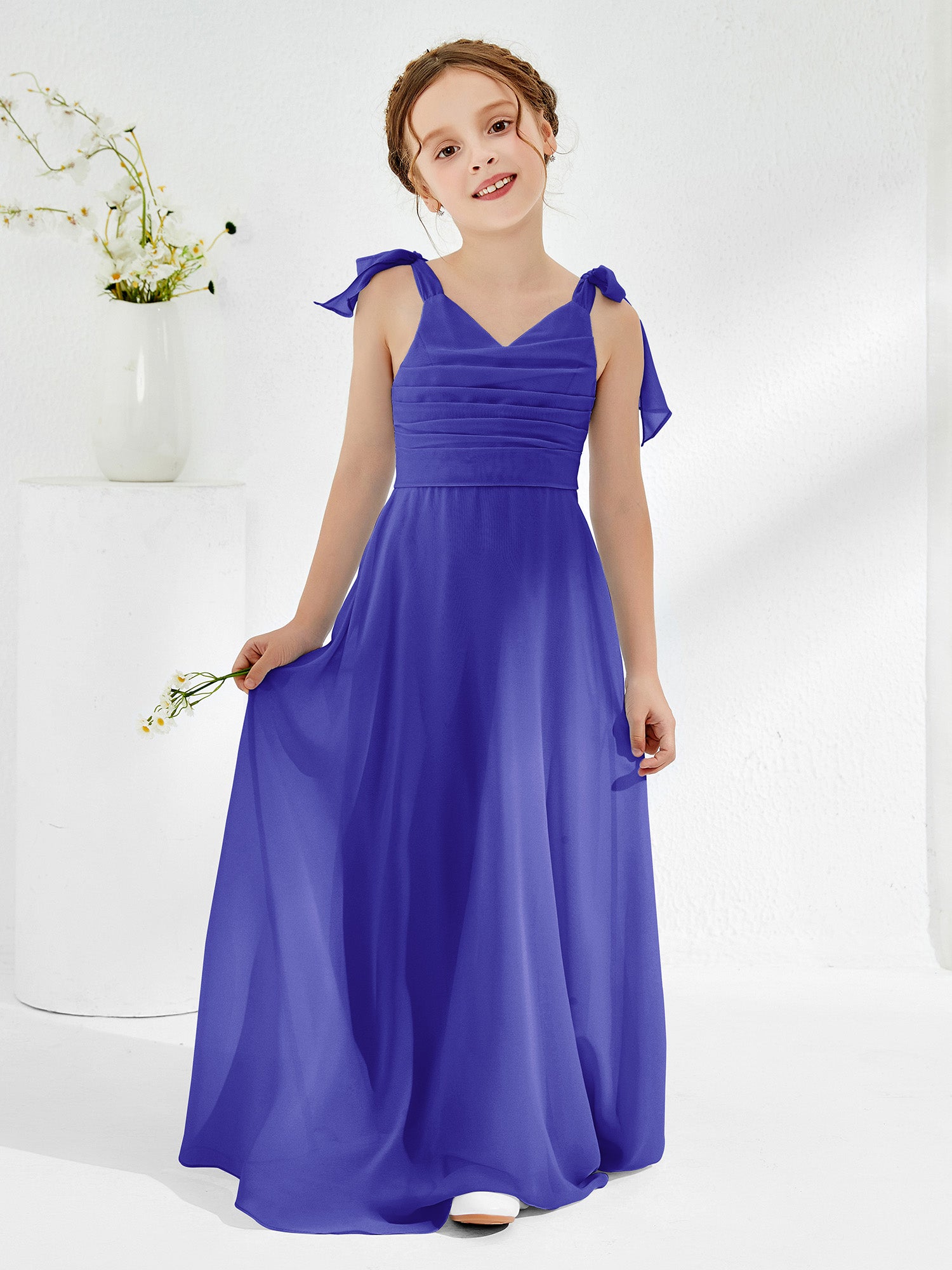 BABARONI Chiffon Royal Blue Junior Bridesmaid Dresses A-line V-neck
