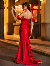 Off-the-shoulder Lace Appliqued Ruched Long Dress Burgundy